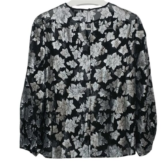 NWT CLUB MONACO Black silk silver floral embroidery sheer blouse - Picture 6 of 16